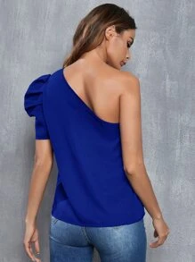 SHEIN Privé One Shoulder Puff Sleeve Blouse - Royal Blue - View 2