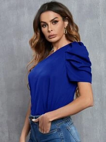 SHEIN Privé One Shoulder Puff Sleeve Blouse - Royal Blue - View 4