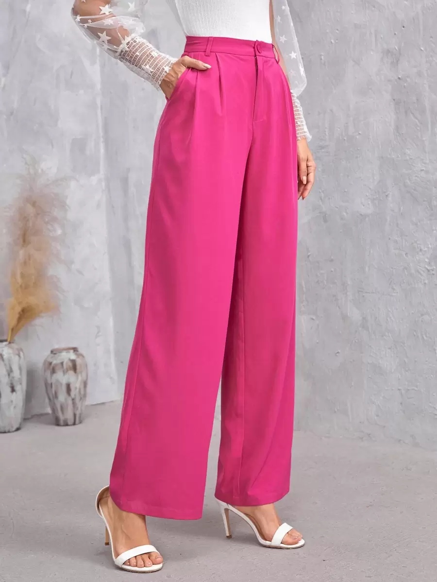 SHEIN Essnce Solid Zip Up Straight Leg Pants In Fall/Winter - Hot Pink - View 1