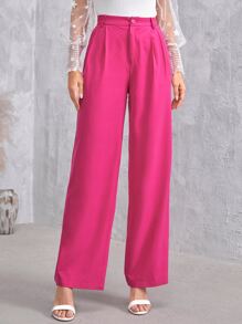 SHEIN Essnce Solid Zip Up Straight Leg Pants In Fall/Winter - Hot Pink - View 3