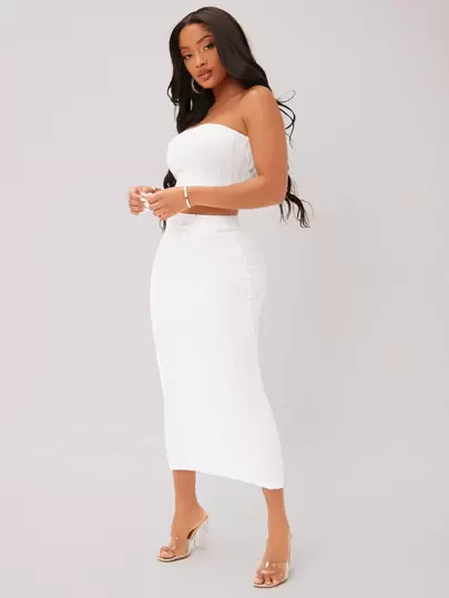 SHEIN SXY Textured Crop Tube Top & Pencil Skirt White Set