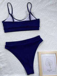 SHEIN Swim Bikini cạp cao đi biển mùa hè - Màu xanh hải quân - Xem 2