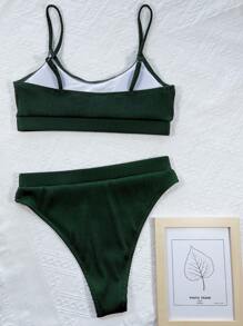 SHEIN Swim Summer Beach Ribbed Bikini Set Cami Bra & High Cut Bottom 2 Piece Bathing Suit - Dark Green - View 2