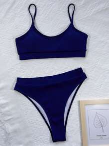 SHEIN Swim Bikini cạp cao đi biển mùa hè - Màu xanh hải quân - Xem 3