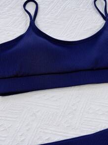 SHEIN Swim Bikini cạp cao đi biển mùa hè - Màu xanh hải quân - Xem 4