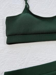 SHEIN Swim Summer Beach Ribbed Bikini Set Cami Bra & High Cut Bottom 2 Piece Bathing Suit - Dark Green - View 3