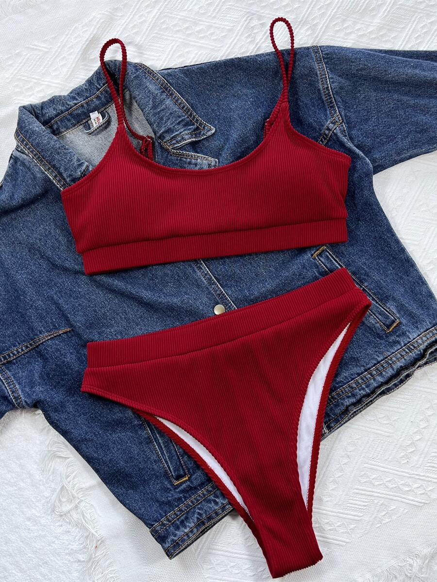 SHEIN Swim مجموعة بيكيني بسيطة للنساء 2025 للاستخدام اليومي والشاطئ والصيف - الأحمر - مشاهدة 1