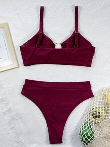 Ring Linked Seam Detail Bikini Set, For Summer Beach Vacation - Burgundy - View 2