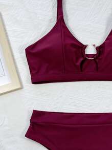 Ring Linked Seam Detail Bikini Set, For Summer Beach Vacation - Burgundy - View 3