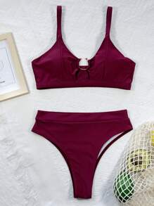 Ring Linked Seam Detail Bikini Set, For Summer Beach Vacation - Burgundy - View 4