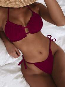 Frill Trim Drawstring Ruched Bikini, For Summer Beach Vacation - Maroon - View 1