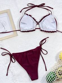 Frill Trim Drawstring Ruched Bikini, For Summer Beach Vacation - Maroon - View 2