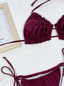 Frill Trim Drawstring Ruched Bikini, For Summer Beach Vacation - Maroon - View 3