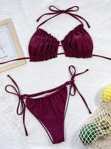 Frill Trim Drawstring Ruched Bikini, For Summer Beach Vacation - Maroon - View 4