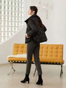 SHEIN Essnce Slant Pocket Zip Up Padded Padded Coat Clothes Winter - Black - View 4