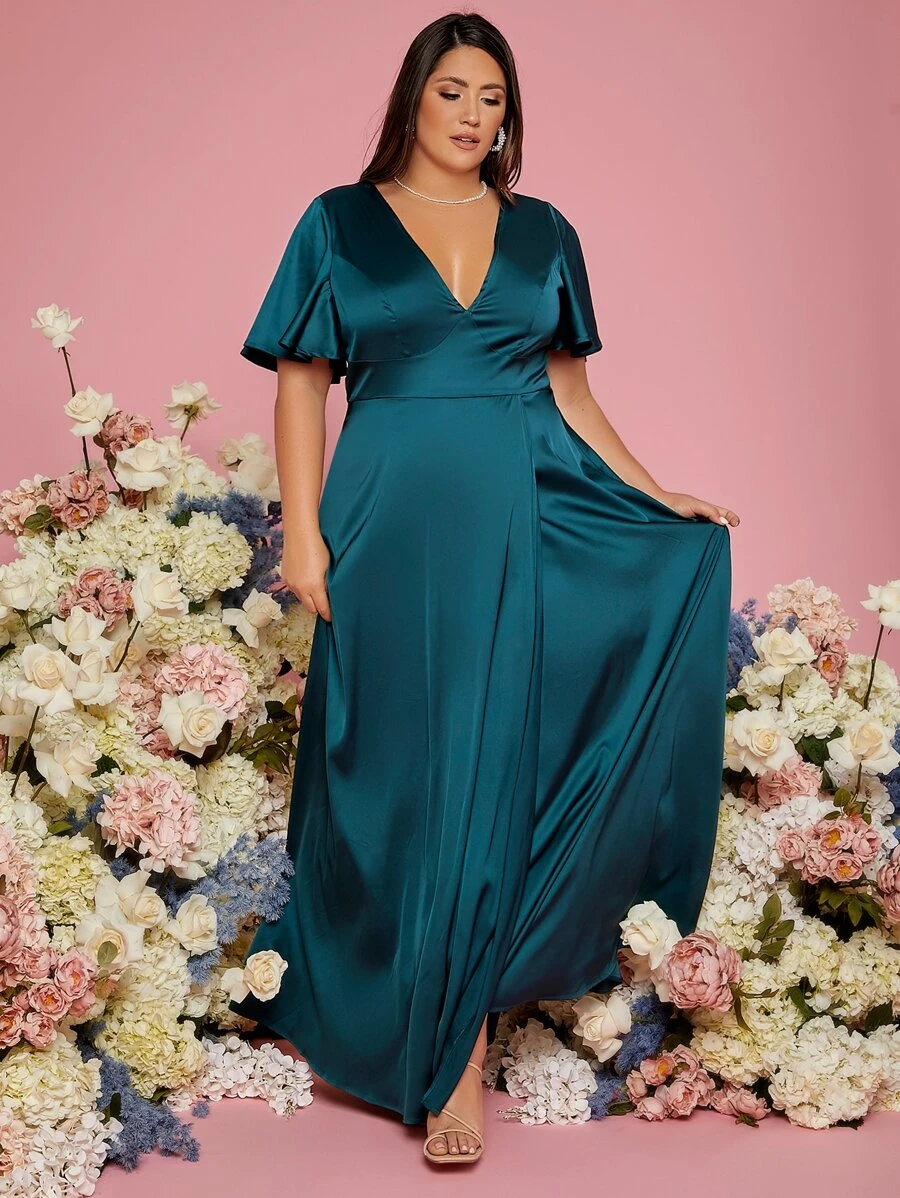 SHEIN Belle 大碼V領蝴蝶袖伴娘洋裝