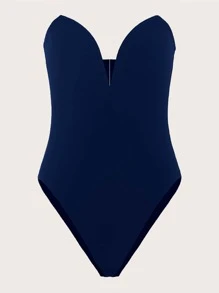 SHEIN Solid Sweetheart Neckline Tube Bodysuit - Navy Blue - View 1