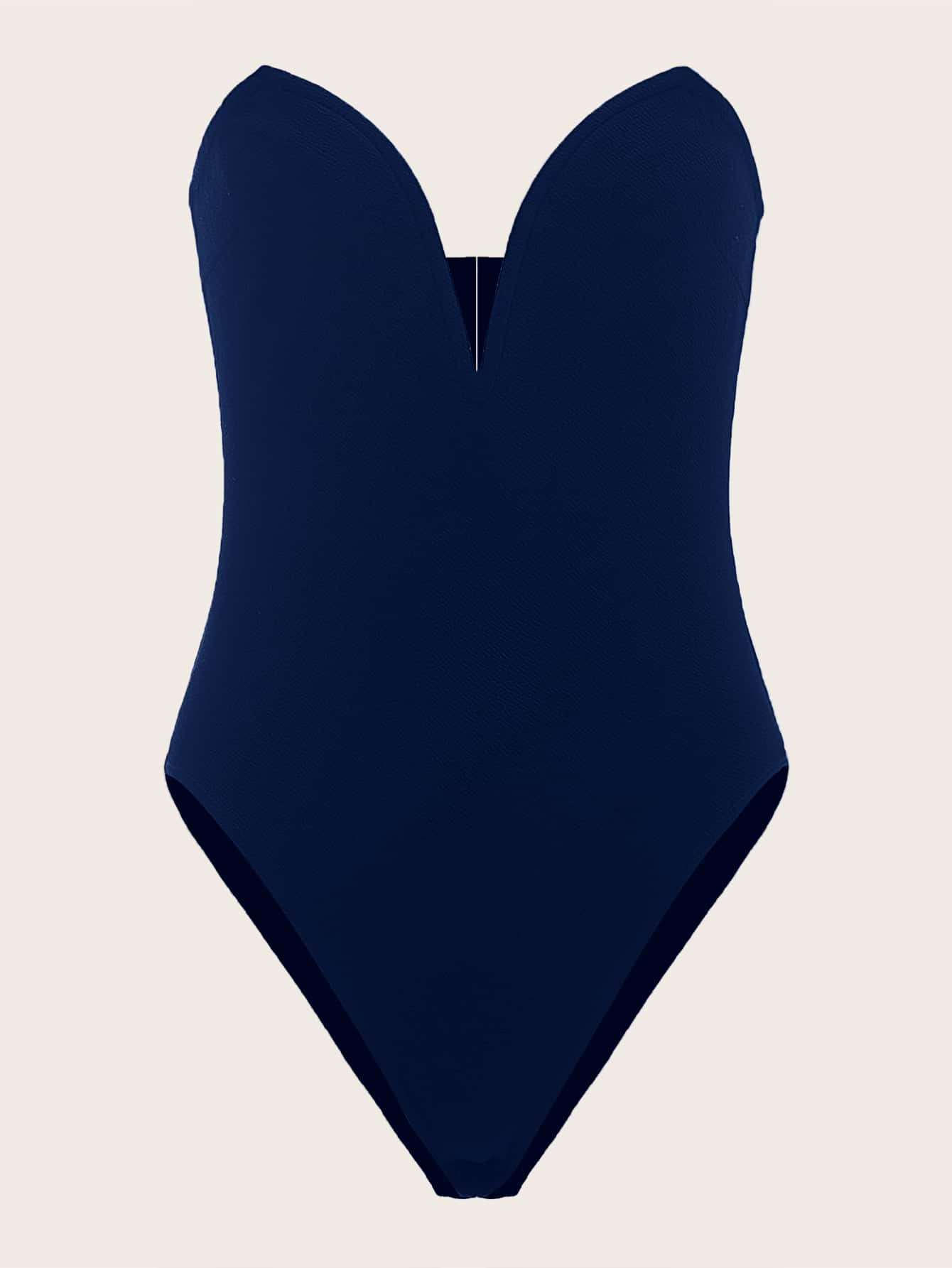 SHEIN Solid Sweetheart Neckline Tube Bodysuit - Navy Blue - View 1