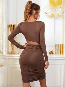 Vestido ajustado con abertura con cordón - Marrón - Ver 2