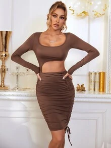 Vestido ajustado con abertura con cordón - Marrón - Ver 3