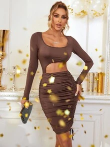 Vestido ajustado con abertura con cordón - Marrón - Ver 4