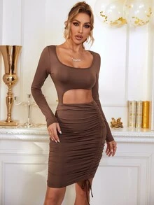 Vestido ajustado con abertura con cordón - Marrón - Ver 5