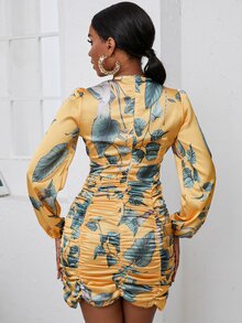 Bird & Leaf Print Plunge Neck Puff Sleeve Ruched Bodycon Dress - Yellow - View 2