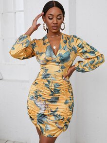 Bird & Leaf Print Plunge Neck Puff Sleeve Ruched Bodycon Dress - Yellow - View 3