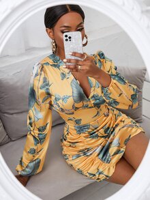 Bird & Leaf Print Plunge Neck Puff Sleeve Ruched Bodycon Dress - Yellow - View 6