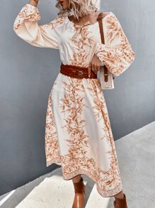 GENKIRA 印花前打結燈籠袖不附腰帶連衣裙 - 彩色 - 查看 1