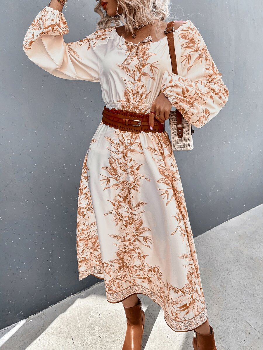 GENKIRA 印花前打結燈籠袖不附腰帶連衣裙 - 彩色 - 查看 1