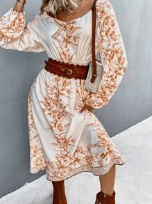 GENKIRA 印花前打結燈籠袖不附腰帶連衣裙 - 彩色 - 查看 6