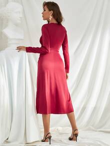 SHEIN Unity 抽繩下擺開叉緞面連衣裙 - 玫瑰紅 - 查看 2