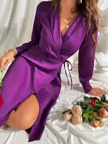 GENKIRA Đầm Thắt nút Trọn gói màu trơn Thanh lịch - Màu tím - Xem 1