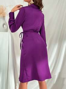 GENKIRA Đầm Thắt nút Trọn gói màu trơn Thanh lịch - Màu tím - Xem 2