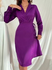 GENKIRA Đầm Thắt nút Trọn gói màu trơn Thanh lịch - Màu tím - Xem 5