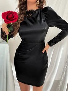 拼接睫毛蕾絲後背繫帶緞面緊身洋裝 - 黑色 - 查看 6