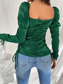 Sweetheart Neck Ruched Satin Blouse - Green - View 2
