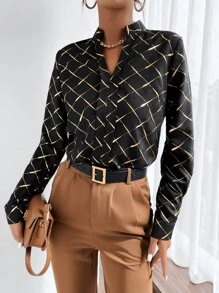 Seusyu Argyle Print Notched Neckline Blouse - Black - View 1