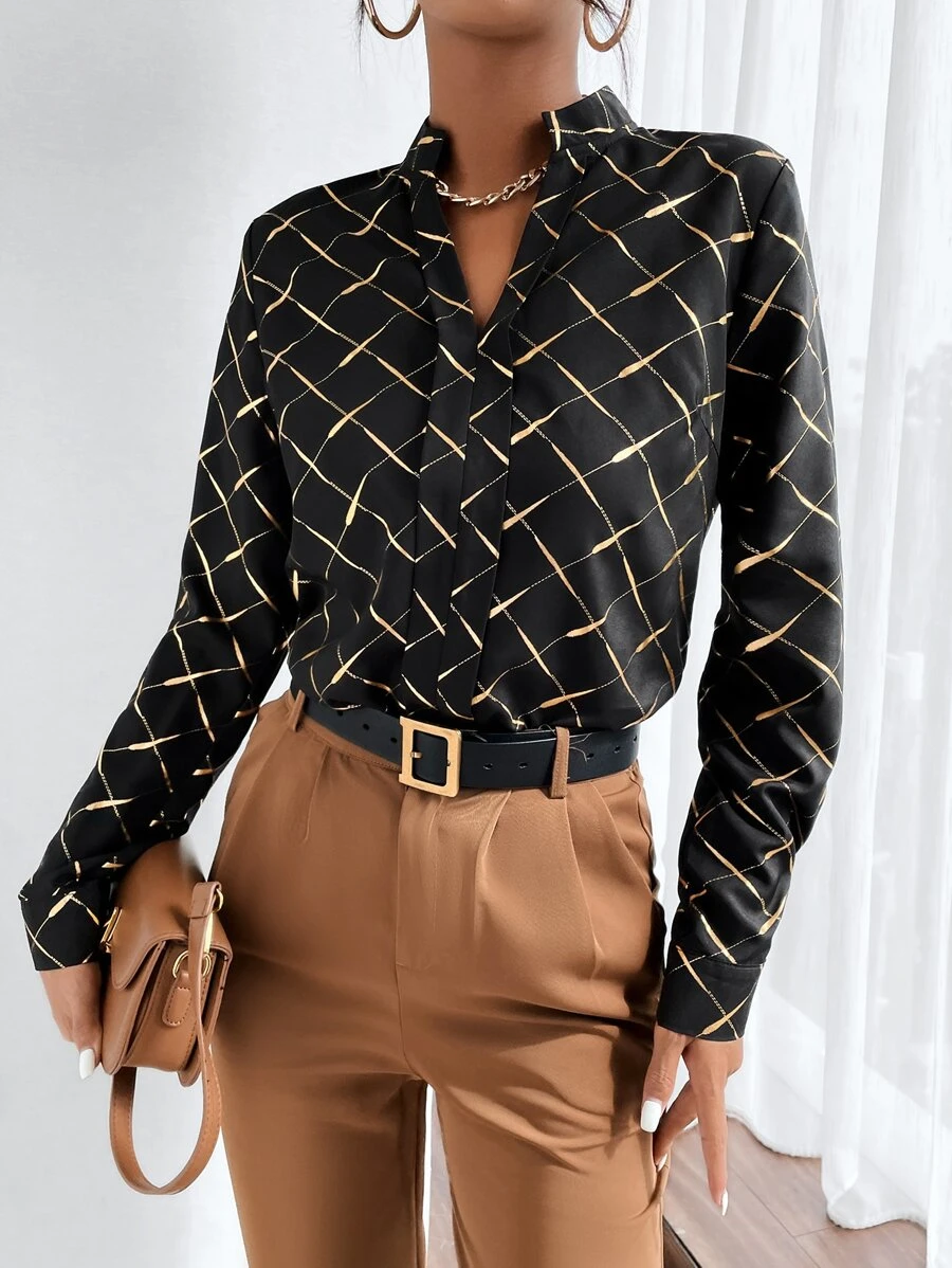 Seusyu Argyle Print Notched Neckline Blouse - Black - View 1