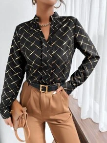 Seusyu Argyle Print Notched Neckline Blouse - Black - View 3