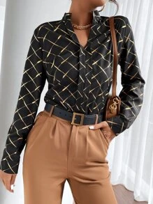 Seusyu Argyle Print Notched Neckline Blouse - Black - View 4