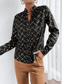 Seusyu Argyle Print Notched Neckline Blouse - Black - View 5