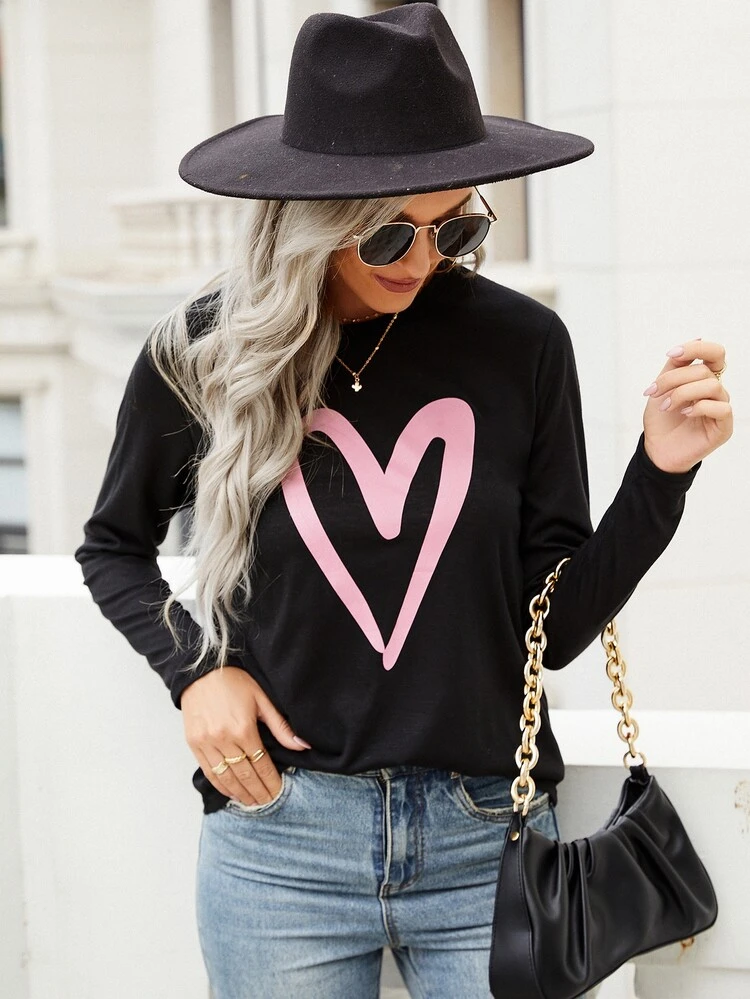 Heart Print Round Neck Tee