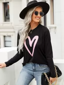 SHEIN LUNE Heart Print Round Neck Tee - Black - View 3