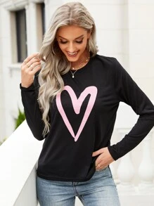 SHEIN LUNE Heart Print Round Neck Tee - Black - View 4