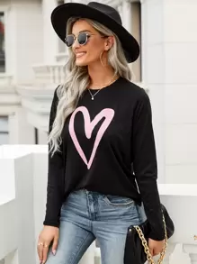 SHEIN LUNE Heart Print Round Neck Tee - Black - View 6