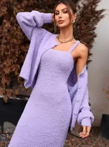 Fluffy Knit Bodycon Jumper Dress & Lantern Sleeve Cardigan - Lilac Purple - View 1