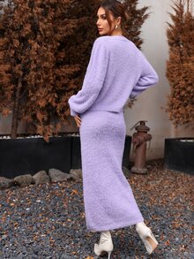 Fluffy Knit Bodycon Jumper Dress & Lantern Sleeve Cardigan - Lilac Purple - View 2