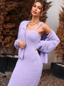 Fluffy Knit Bodycon Jumper Dress & Lantern Sleeve Cardigan - Lilac Purple - View 3
